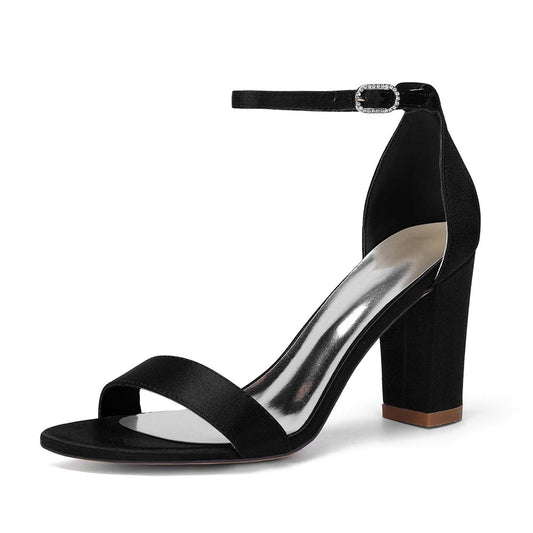 Women's Chunky Heel Ankle Strap Sandals - Satin Open Toe Bridal & Formal Party Shoes