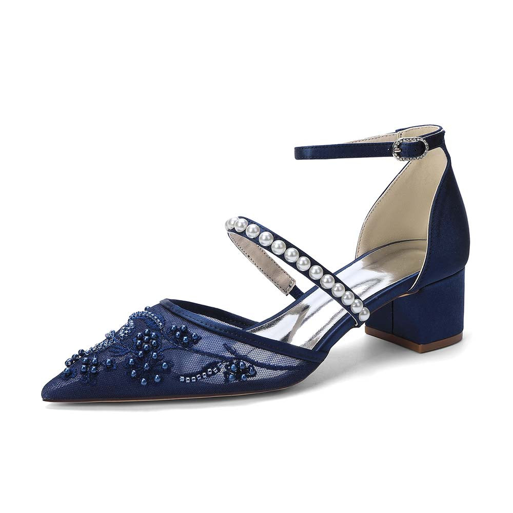Women's Chunky Pearls-Strap Lace Wedding Shoes For Bride