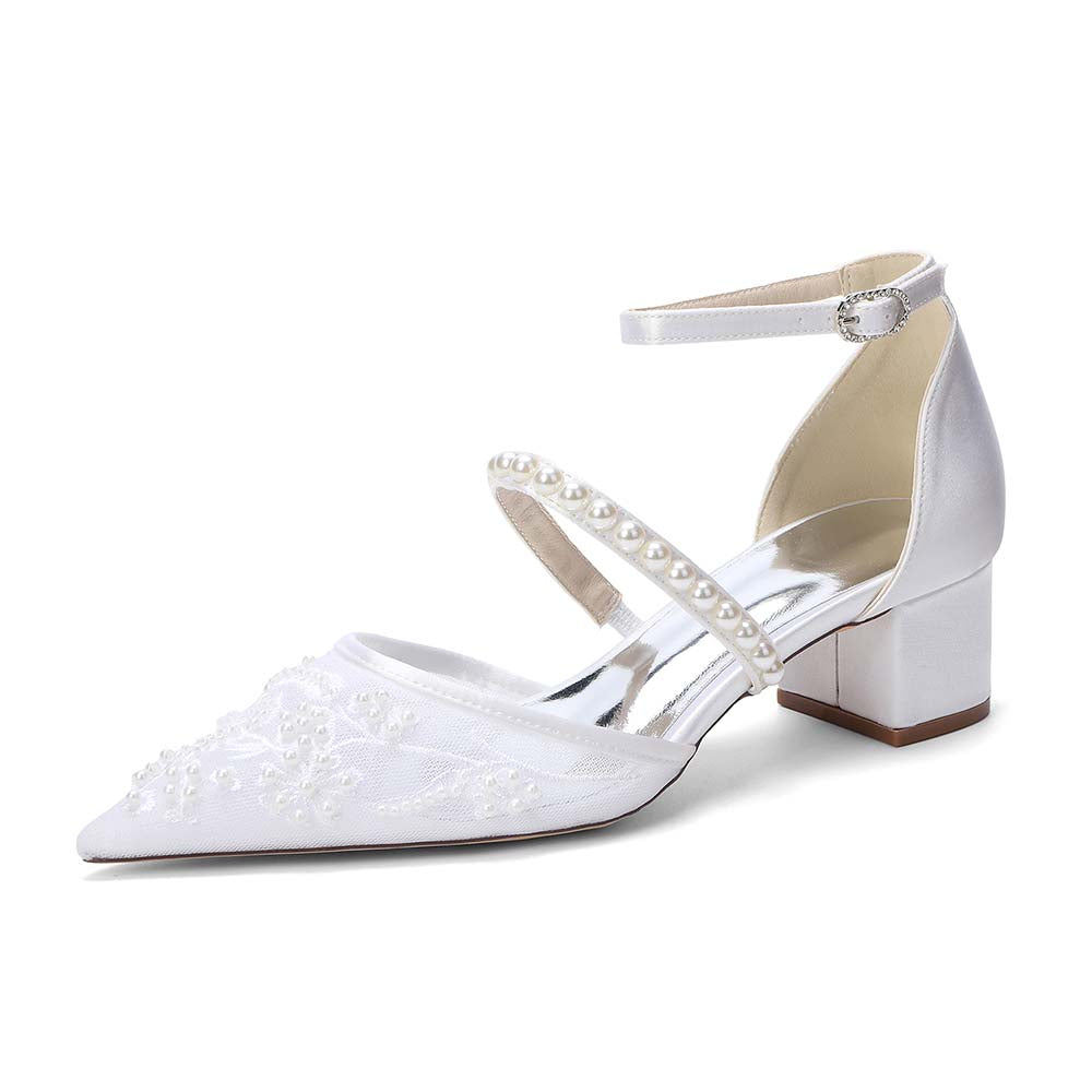 Women's Chunky Pearls-Strap Lace Wedding Shoes For Bride