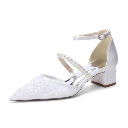 Women's Chunky Pearls-Strap Lace Wedding Shoes For Bride