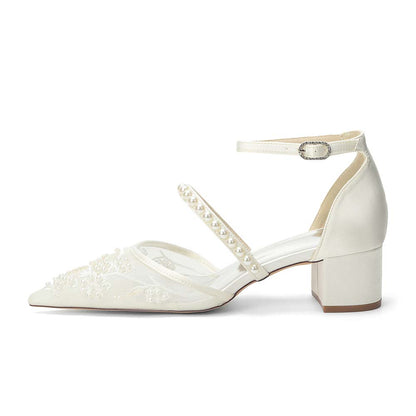 Women's Chunky Pearls-Strap Lace Wedding Shoes For Bride