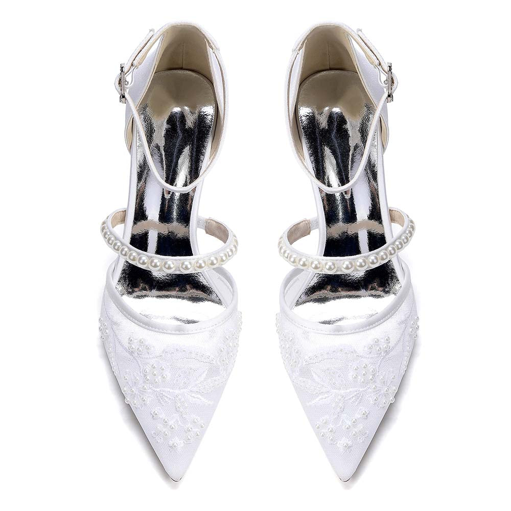 Women's Chunky Pearls-Strap Lace Wedding Shoes For Bride