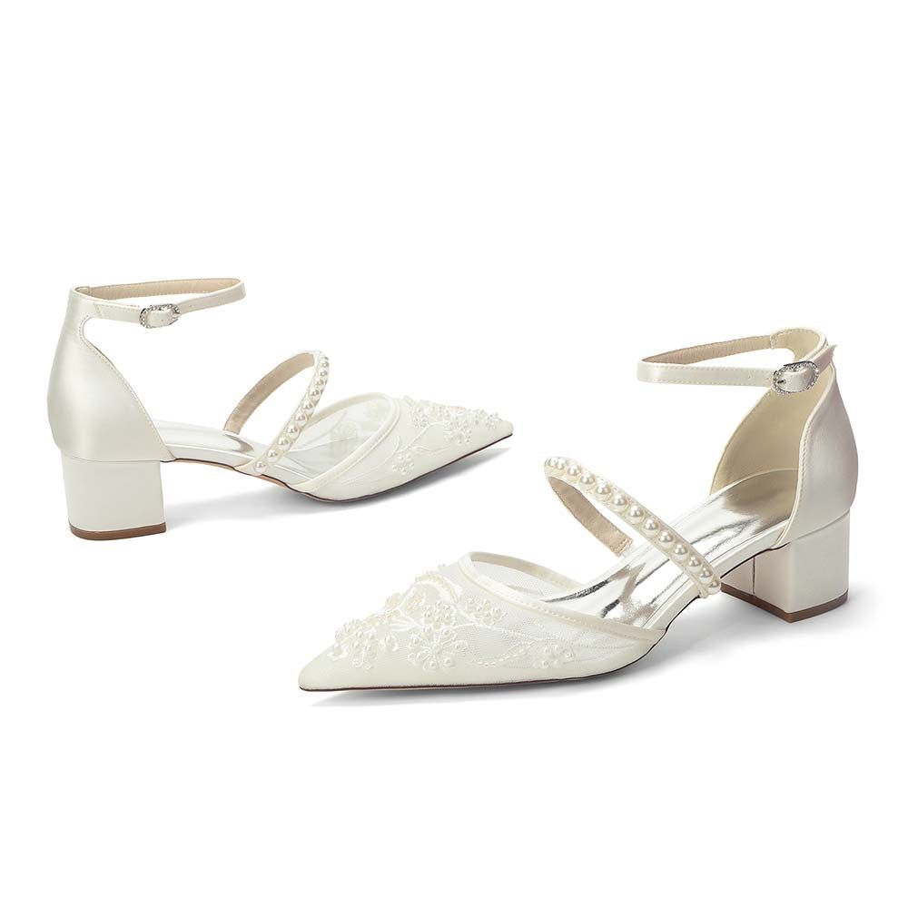 Women's Chunky Pearls-Strap Lace Wedding Shoes For Bride