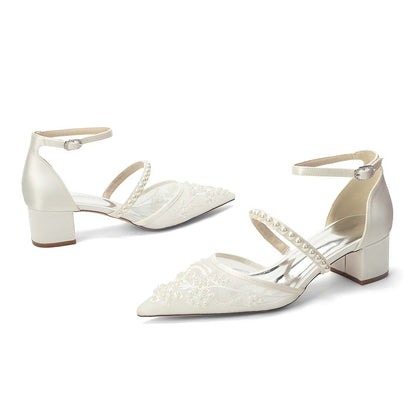 Women's Chunky Pearls-Strap Lace Wedding Shoes For Bride