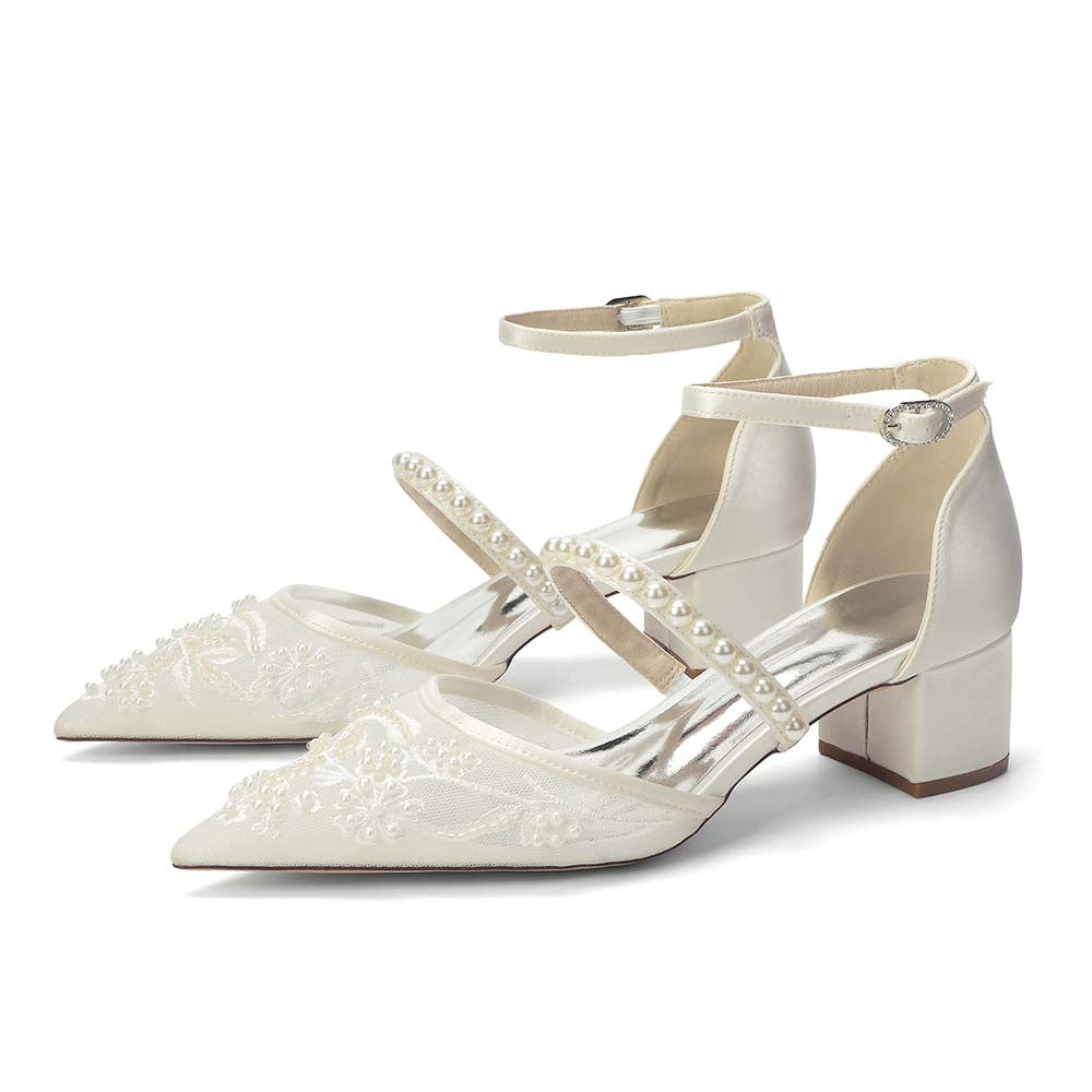 Women's Chunky Pearls-Strap Lace Wedding Shoes For Bride