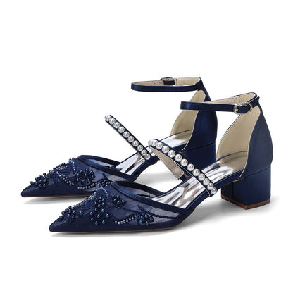 Women's Chunky Pearls-Strap Lace Wedding Shoes For Bride