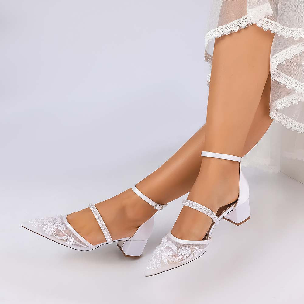 Women's Chunky Pearls-Strap Lace Wedding Shoes For Bride