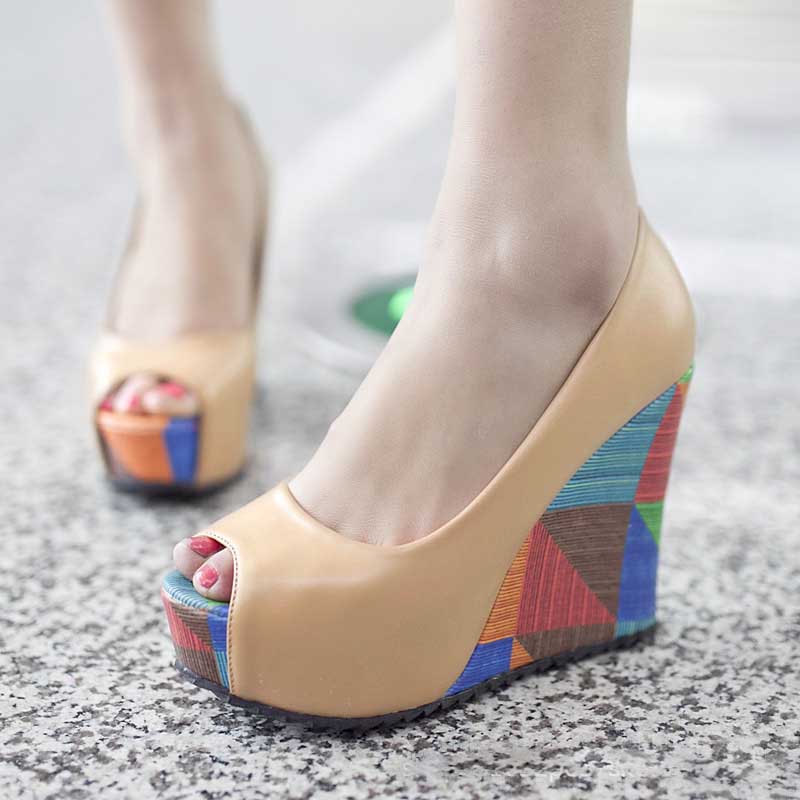 Women's Colorful Wedge Pumps Peep Toe Platform Heels