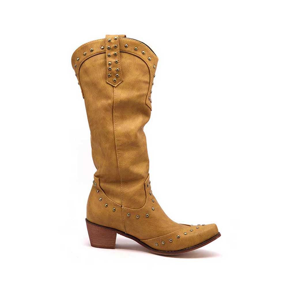Tan women's country western boots with studded details and a stylish pointed toe design