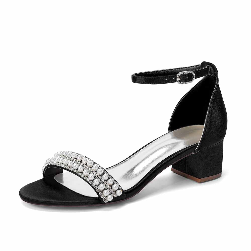 Women's Pearl Rhinestone Ankle Strap Sandals, Satin Bridal Heels for Wedding & Evening Events