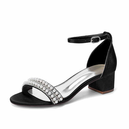 Women's Pearl Rhinestone Ankle Strap Sandals, Satin Bridal Heels for Wedding & Evening Events