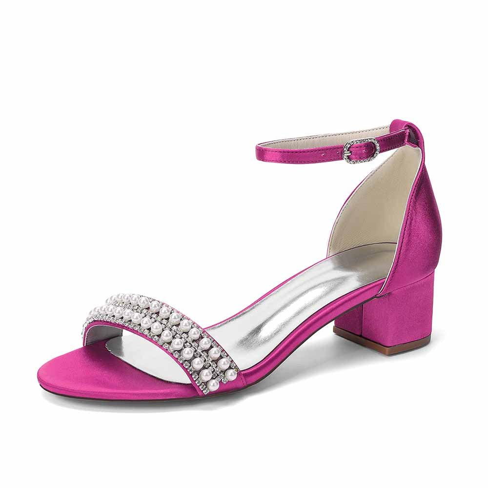 Women's Pearl Rhinestone Ankle Strap Sandals, Satin Bridal Heels for Wedding & Evening Events