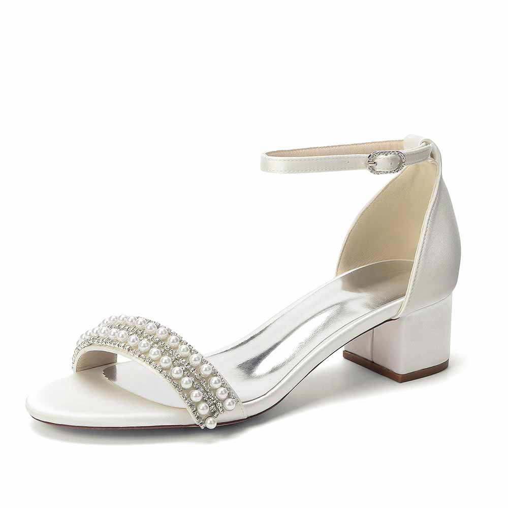 Women's Pearl Rhinestone Ankle Strap Sandals, Satin Bridal Heels for Wedding & Evening Events