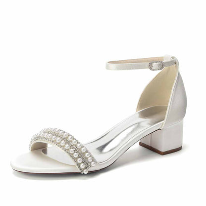 Women's Pearl Rhinestone Ankle Strap Sandals, Satin Bridal Heels for Wedding & Evening Events