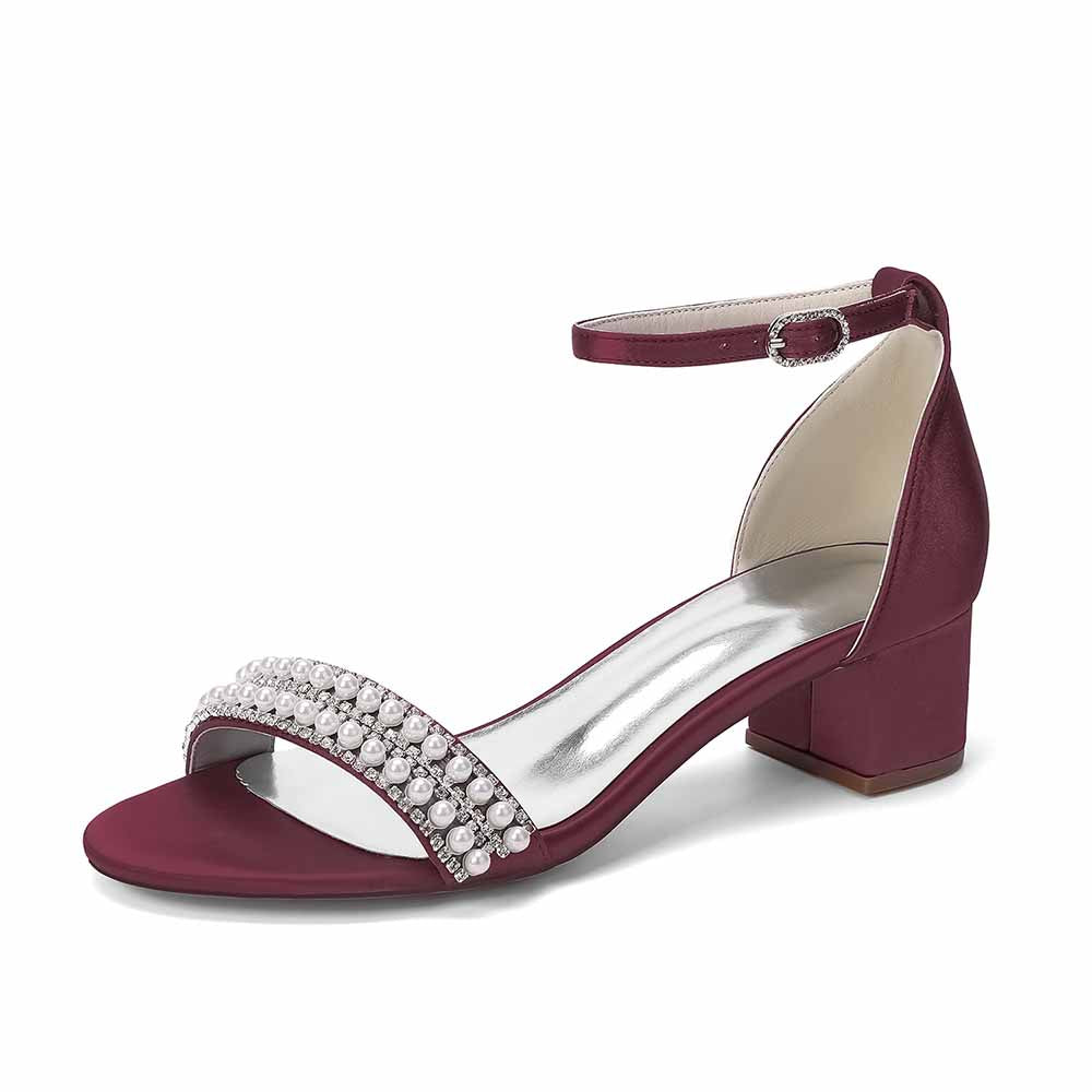 Women's Pearl Rhinestone Ankle Strap Sandals, Satin Bridal Heels for Wedding & Evening Events