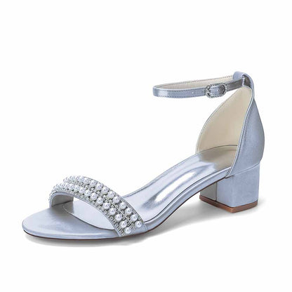 Women's Pearl Rhinestone Ankle Strap Sandals, Satin Bridal Heels for Wedding & Evening Events
