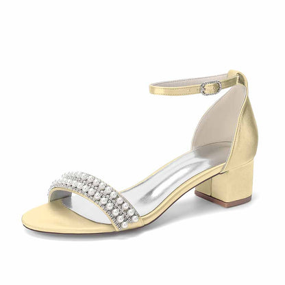 Women's Pearl Rhinestone Ankle Strap Sandals, Satin Bridal Heels for Wedding & Evening Events