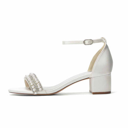 Women's Pearl Rhinestone Ankle Strap Sandals, Satin Bridal Heels for Wedding & Evening Events