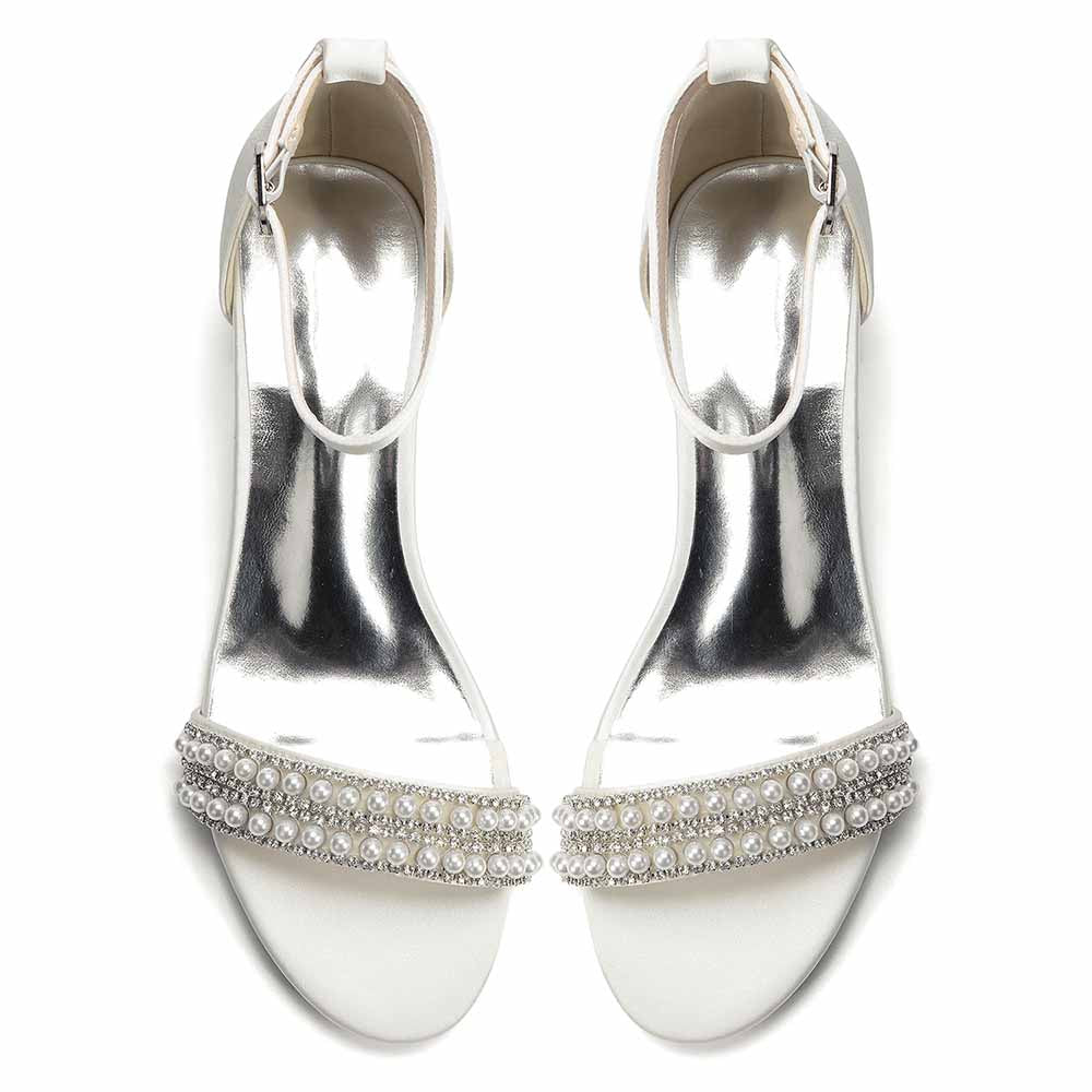 Women's Pearl Rhinestone Ankle Strap Sandals, Satin Bridal Heels for Wedding & Evening Events