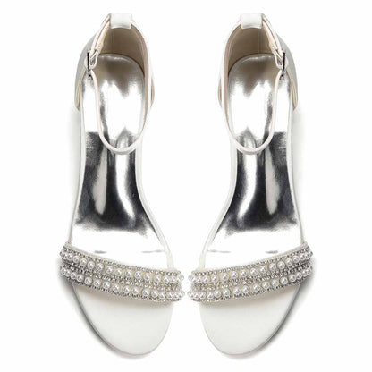 Women's Pearl Rhinestone Ankle Strap Sandals, Satin Bridal Heels for Wedding & Evening Events