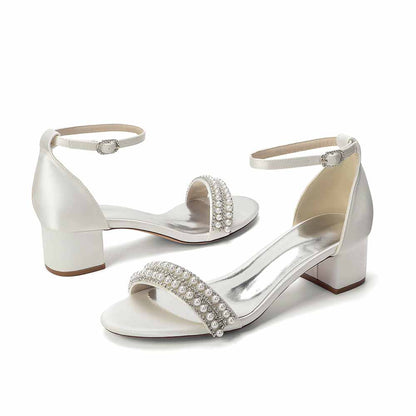 Women's Pearl Rhinestone Ankle Strap Sandals, Satin Bridal Heels for Wedding & Evening Events