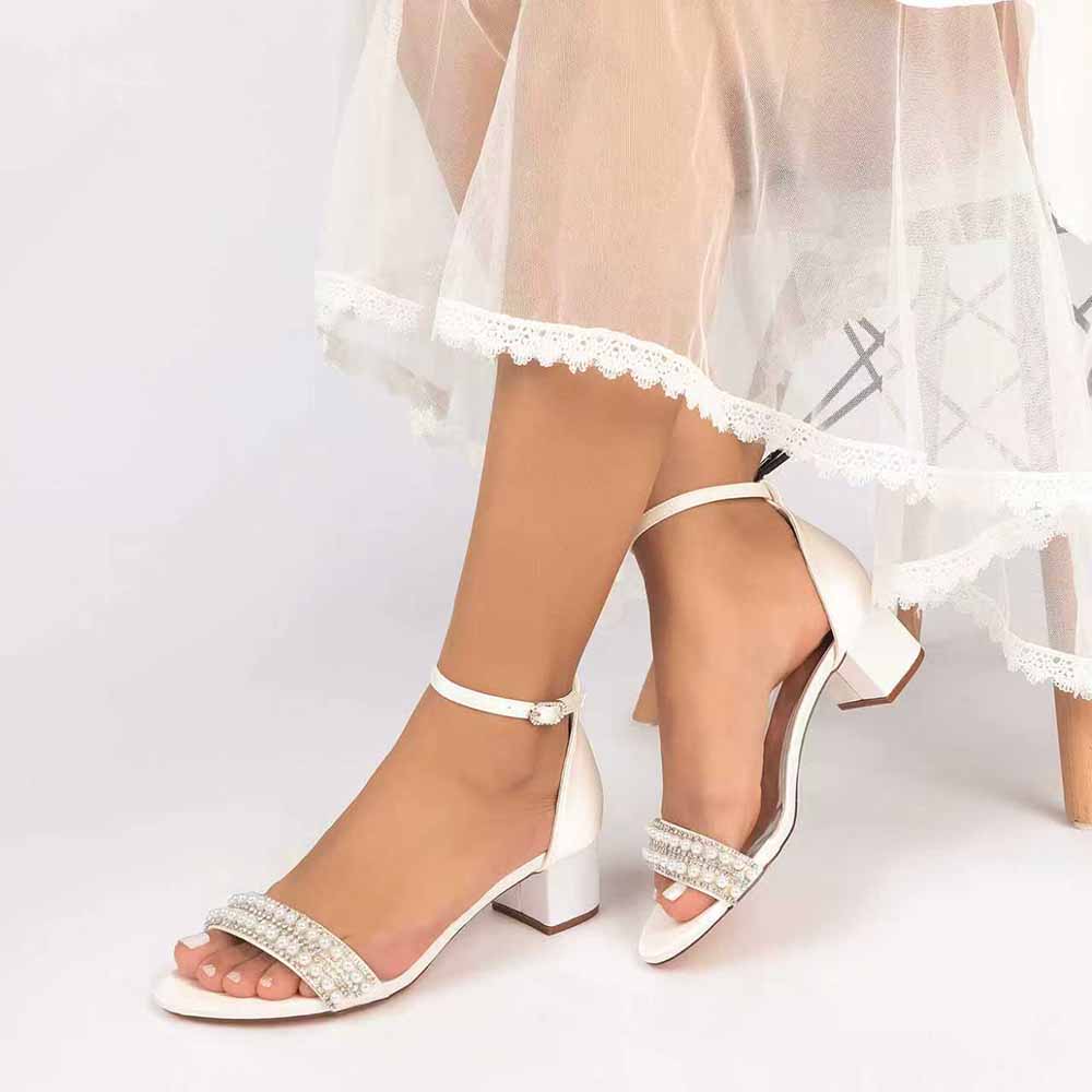 Women's Pearl Rhinestone Ankle Strap Sandals, Satin Bridal Heels for Wedding & Evening Events