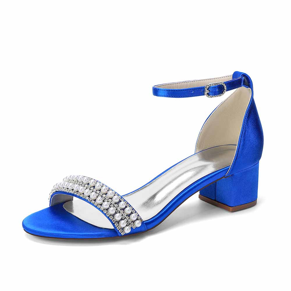 Women's Pearl Rhinestone Ankle Strap Sandals, Satin Bridal Heels for Wedding & Evening Events