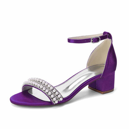 Women's Pearl Rhinestone Ankle Strap Sandals, Satin Bridal Heels for Wedding & Evening Events