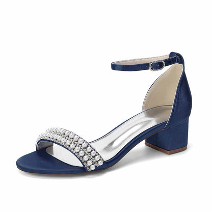 Women's Pearl Rhinestone Ankle Strap Sandals, Satin Bridal Heels for Wedding & Evening Events