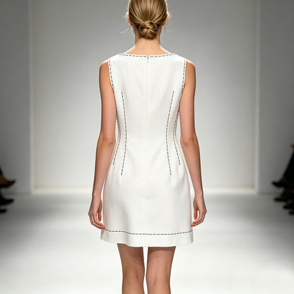White Sleeveless Dress with Black Flower | Womens Shift Dress Contrast Trim | Elegant Party & Cocktail Dress