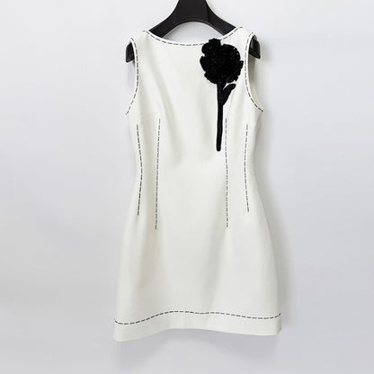 White Sleeveless Dress with Black Flower | Womens Shift Dress Contrast Trim | Elegant Party & Cocktail Dress