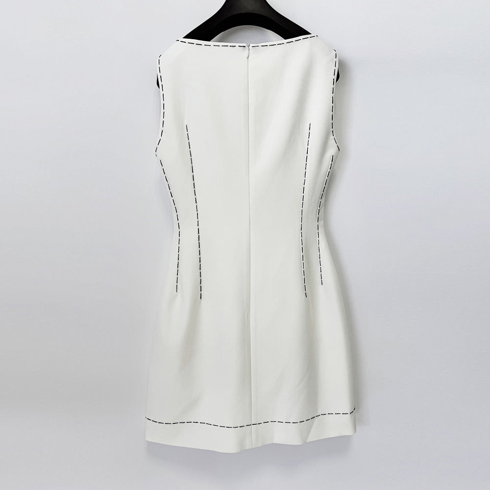 White Sleeveless Dress with Black Flower | Womens Shift Dress Contrast Trim | Elegant Party & Cocktail Dress