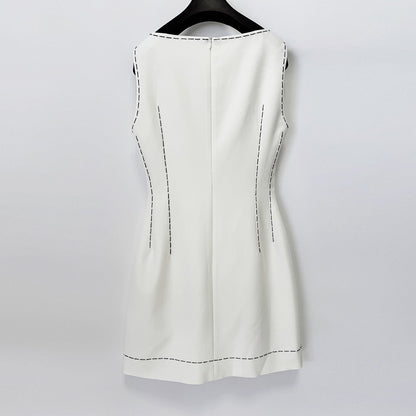 White Sleeveless Dress with Black Flower | Womens Shift Dress Contrast Trim | Elegant Party & Cocktail Dress