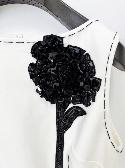 White Sleeveless Dress with Black Flower | Womens Shift Dress Contrast Trim | Elegant Party & Cocktail Dress