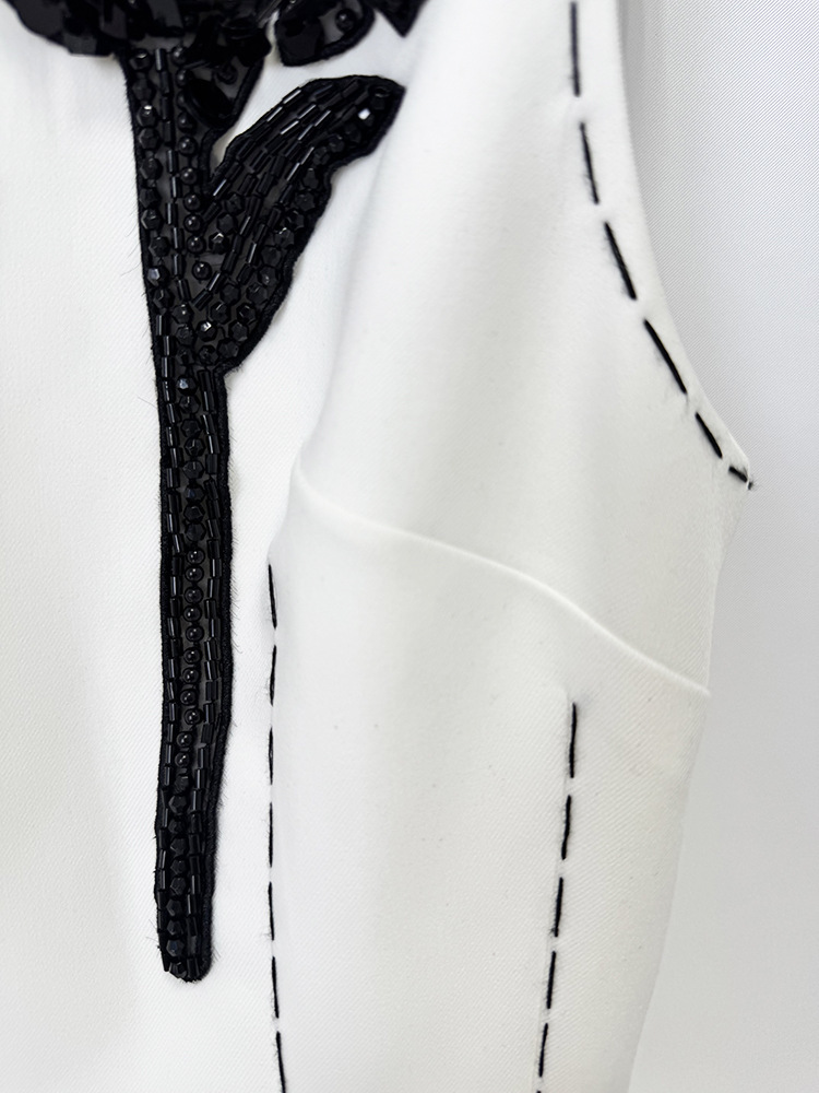 White Sleeveless Dress with Black Flower | Womens Shift Dress Contrast Trim | Elegant Party & Cocktail Dress