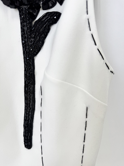 White Sleeveless Dress with Black Flower | Womens Shift Dress Contrast Trim | Elegant Party & Cocktail Dress