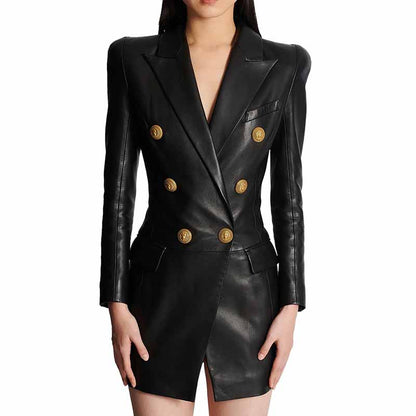 Women's Faux Leather Blazer Minidress Black Double Breasted Blazer Dress