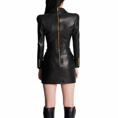 Women's Faux Leather Blazer Minidress Black Double Breasted Blazer Dress