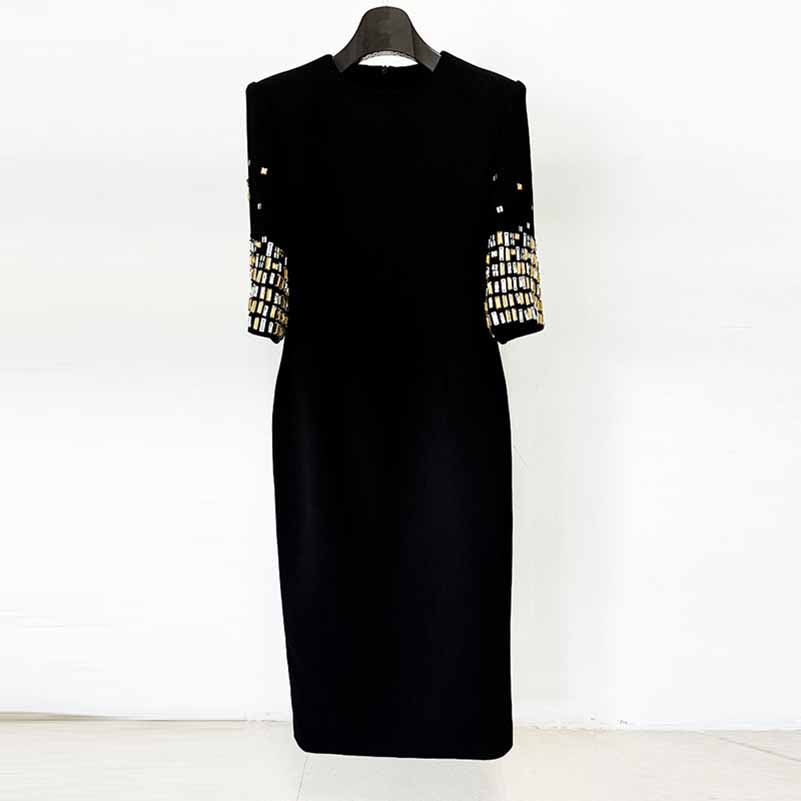 Women's Five-Sleeve Crystal-Embellished Midi Dress in Black