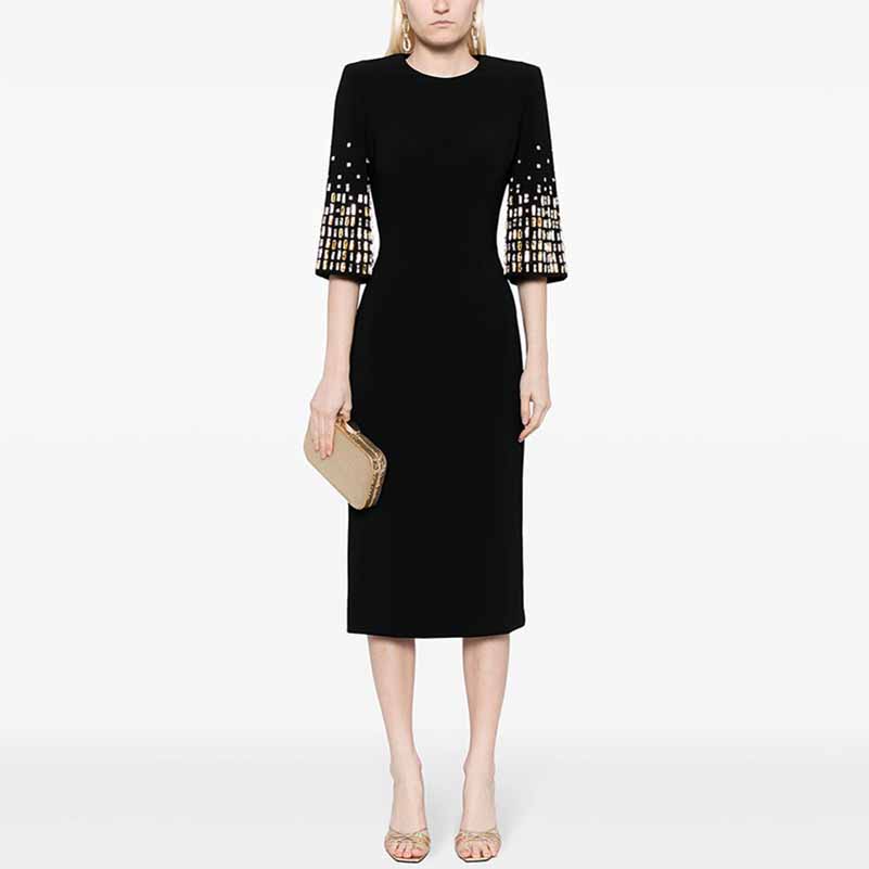 Women's Five-Sleeve Crystal-Embellished Midi Dress in Black