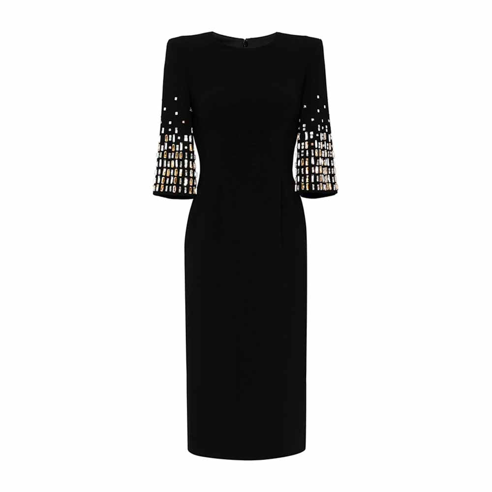 Women's Five-Sleeve Crystal-Embellished Midi Dress in Black