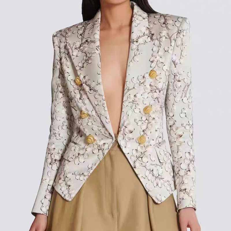 Women's Floral Blazer with Gold Button Trendy Jacket