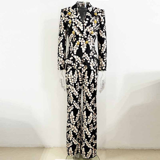 Women's Graphic Printed Pants Set Gold Buttons Two Pieces Pantsuit