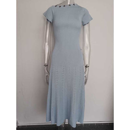 Women's Knitted Midi Dress Short Sleeves Asymmetric Neck Long Dress