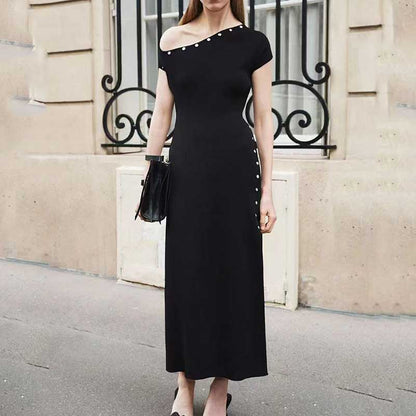 Women's Knitted Midi Dress Short Sleeves Asymmetric Neck Long Dress