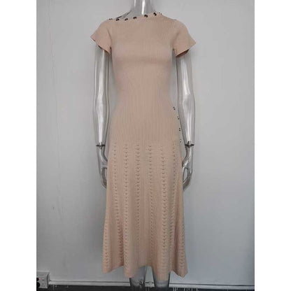 Women's Knitted Midi Dress Short Sleeves Asymmetric Neck Long Dress
