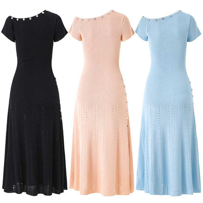 Women's Knitted Midi Dress Short Sleeves Asymmetric Neck Long Dress
