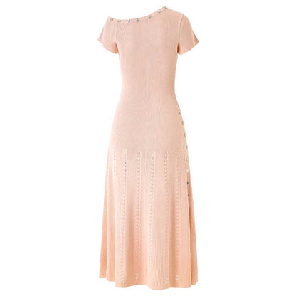 Women's Knitted Midi Dress Short Sleeves Asymmetric Neck Long Dress