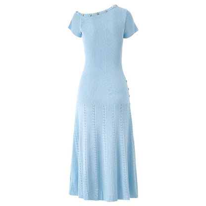 Women's Knitted Midi Dress Short Sleeves Asymmetric Neck Long Dress