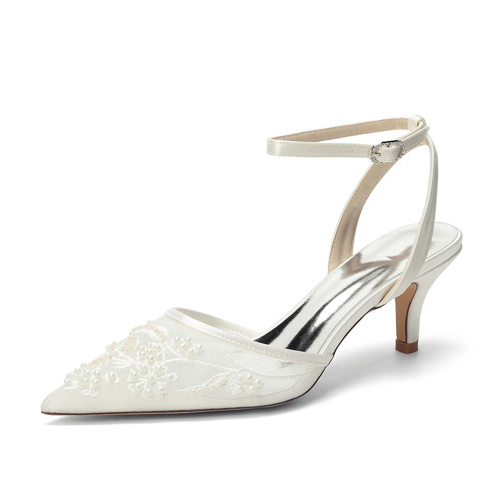 Women's Kitten Heel Ankle-Strap Lace Wedding Shoes For Bride